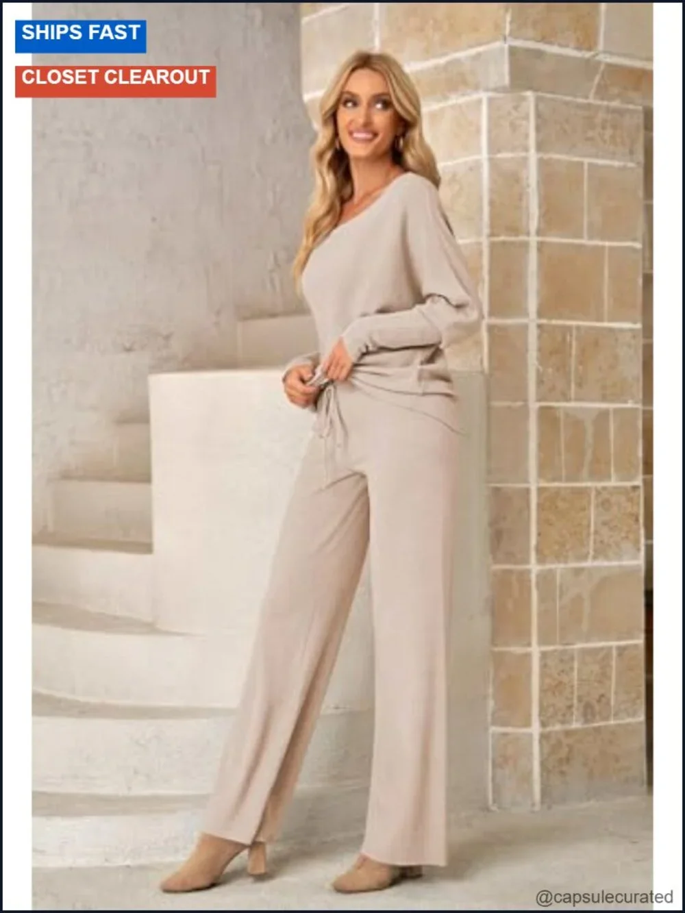 2 Piece Knitted Sweater Wide Leg Pants Off Shoulder Lounge Set